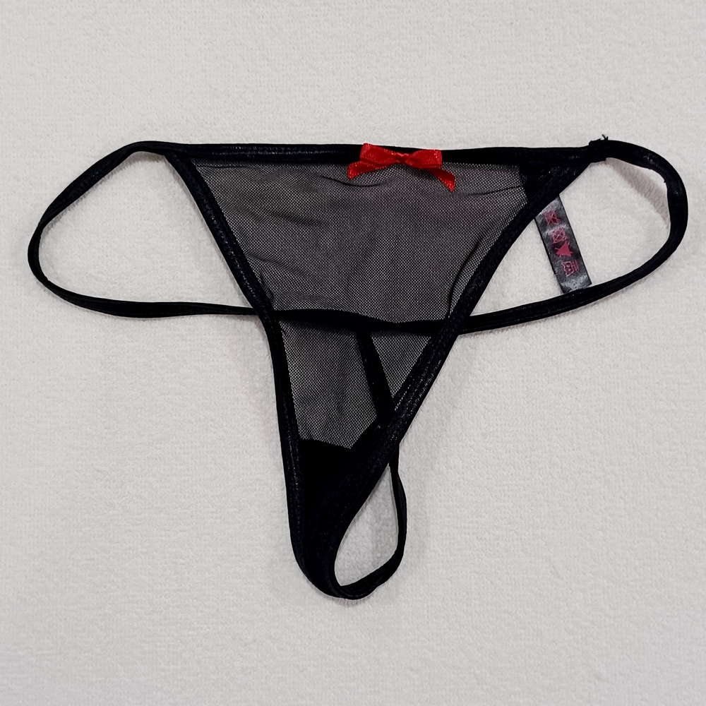 Black Thong Panties with Red Bow Accent, Size L